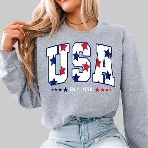 USA Star Sweatshirt Est. 1776, patriotic sweatshirt for American girls and men, perfect for stylish 4th of July celebrations with classic USA vibes.