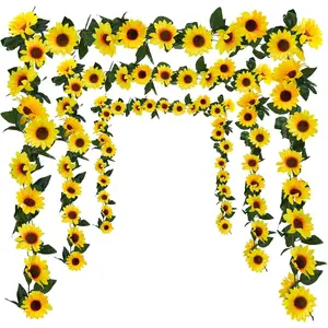 3 Pack Artificial Sunflower Garland, 7.5ft/Strand Silk Sunflowers Hanging Vines Flowers with Green Leaves for Room Kitchen Garden Birthday Wedding Shower Party Table Decor Large Floral Ornaments fake plant flower planter front porch