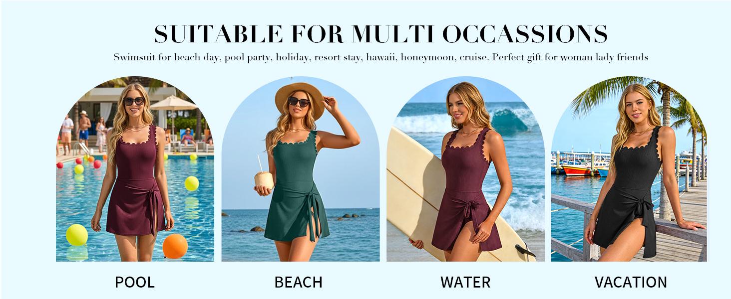 Charmo One Piece Swim Dress Square Neck Scalloped Modest Swimsuits for Women Tummy Control Bathing Suit with Skirt