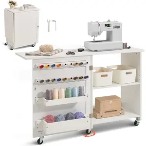 VEVOR Folding Sewing Table, Multipurpose Sewing Machine Table with Compact Design, Wheels, Shelves, Storage Trays, Wooden Pegs, and Magnetic Doors, Sewing Desk Cabinet for Sewing Machine, White