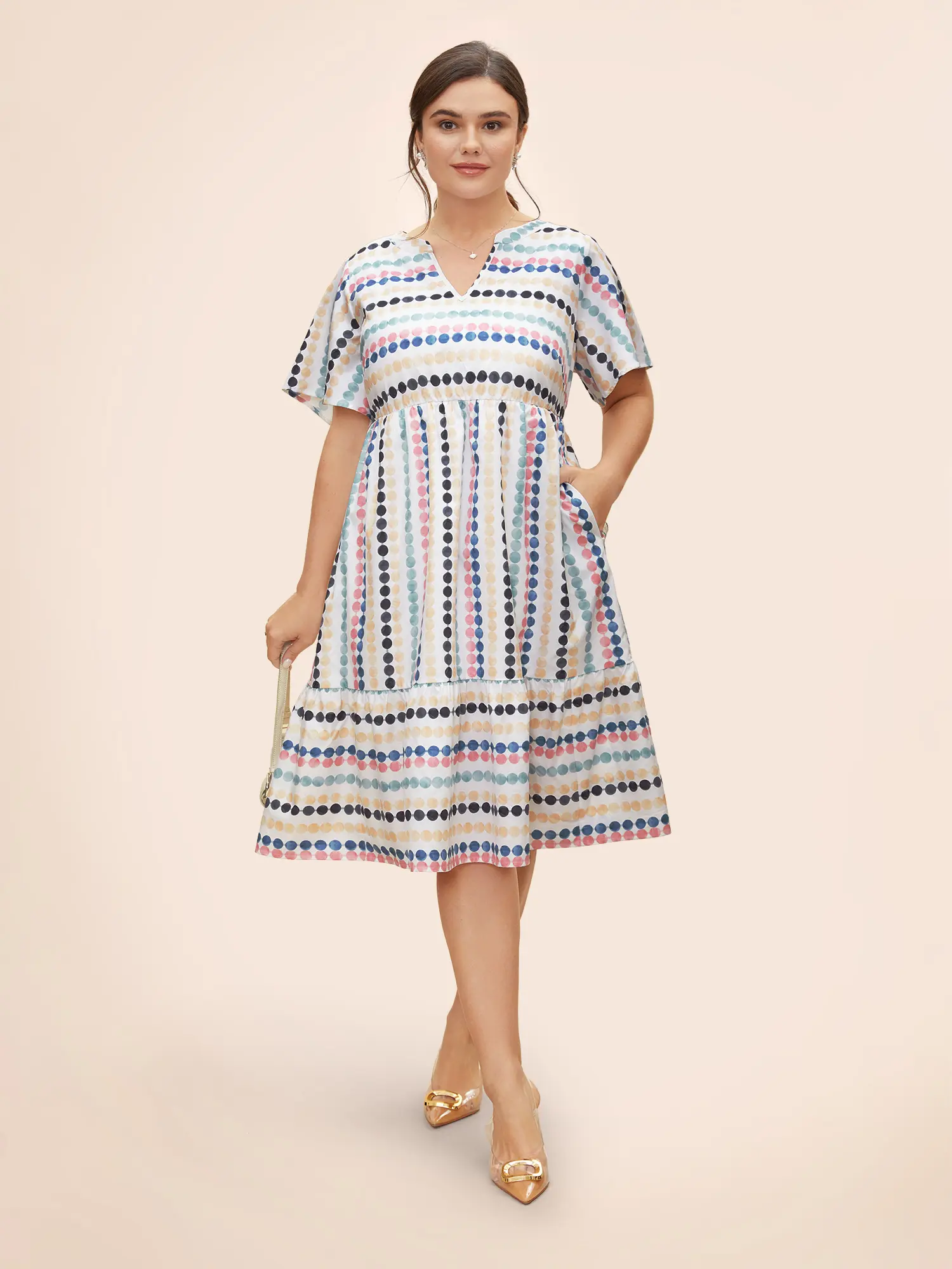 BloomChic Plus Size Striped V-Notch Mini Dress, Casual Short Flutter Sleeve Polyester Summer Dress with Pocket, Smooth, Shell, Women's Clothes, Flat, Shortsleeve, Fabric, Fit, Print
