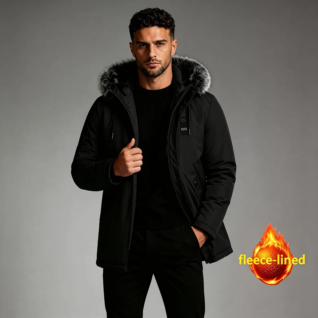 Menswear Men's Long Sleeve Casual Furry Hooded Fleece-Lined Parka Jacket - Mid-Length Full-Zip Insulated Cold-Weather Tops with Multiple Pockets, Clothes, Embroidery, Cotton