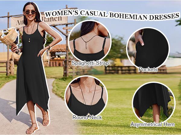 Women's Summer Midi Dress  Hawaiian Bohemian Beach Cover Up Dress Floral Spaghetti Strap Casual Dress with Pockets