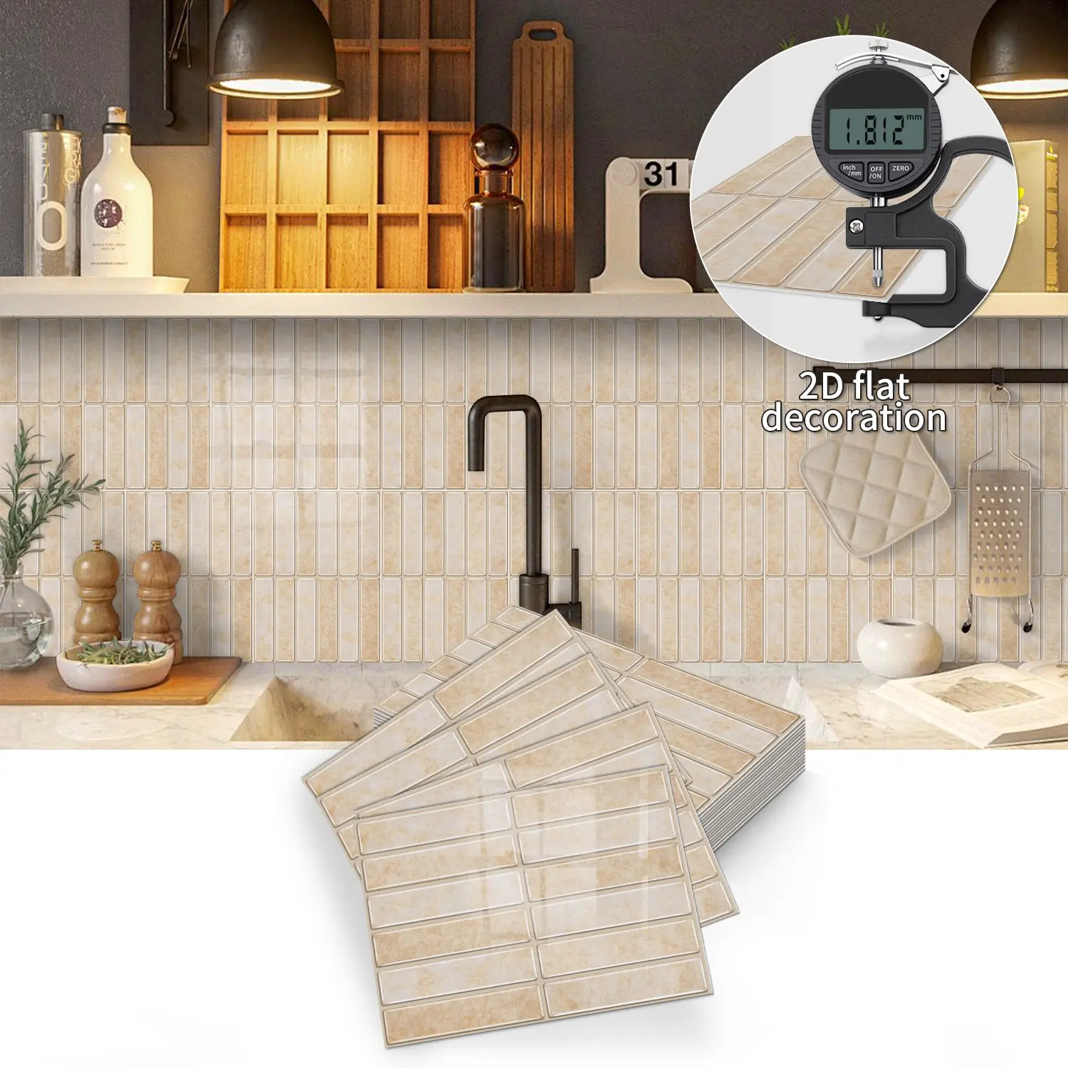 Waterproof Brick-Patterned Wall Decals, Self-Adhesive Horizontal Grid Tile Stickers, Easy to Clean, Ideal for Kitchens & Bathrooms