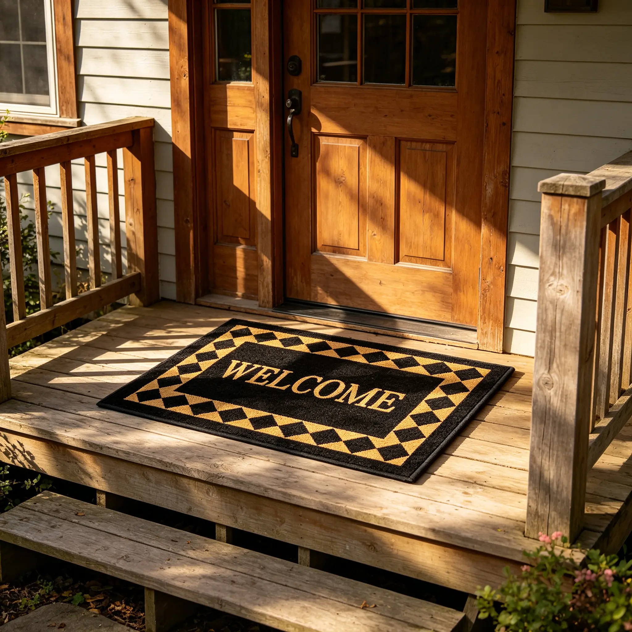 Thick Black Gold Diamond Checkered Border Welcome Flannel Doormat, Soft Absorbent Non-Slip Rubber Back Entry Rug, Classic Farmhouse Modern Indoor Front Door Decor Mat