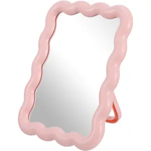 Wavy Mirror Small, 6.69 Inch Pink Desk Mirror with Foldable Stand for Office Desk, Table, Makeup Work Home Vanity, Women, Girls (Pink)