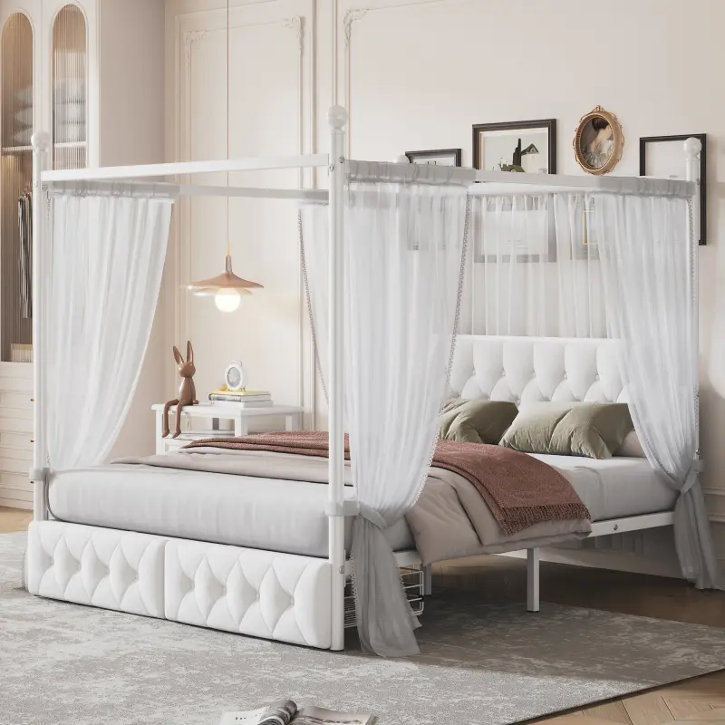 Queen Size Canopy Platform Bed Frame with Upholstered Headboard, 2 Storage Drawers, White Stable Modern Indoor Bedroom Furniture, Bed Frame With Headboard, Modern Platform Bed