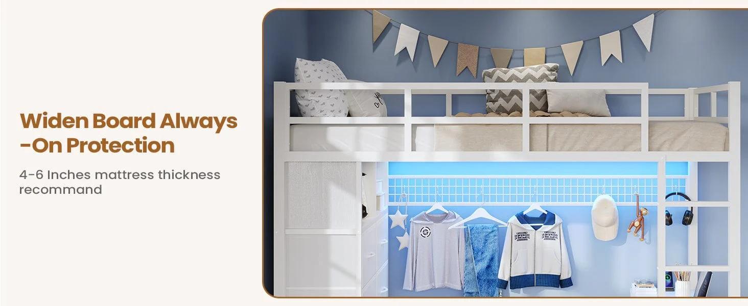 Twin Size LED Loft Bed Frame with Desk and 8 Drawers White Twin Size LED Loft Bed Frame with Desk and 8 Drawers White