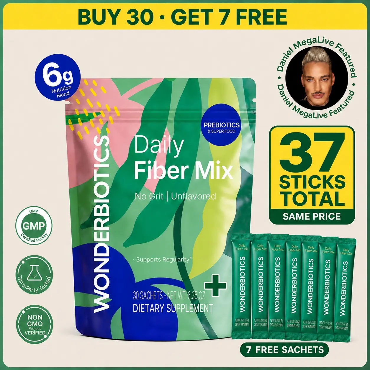 Daily Fiber Supplement Powder Packets - 5 Diverse Fibers with Prebiotics, Superfood Blend for Digestion, Psyllium Husk, PHGG, Drink Mix for Women & Men, Low FODMAP, Sugar Free Healthcare