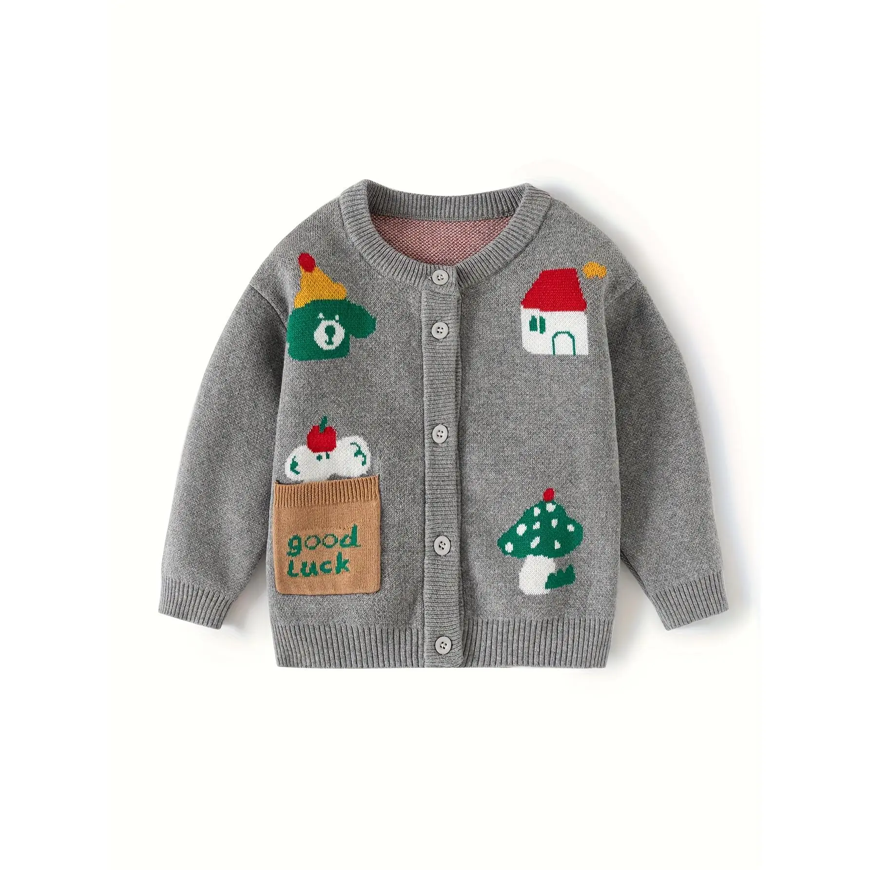 Cute Christmas Knit Cardigan for Boys & Girls - Cozy Long Sleeve Sweater with Festive Cartoon Design, Soft Gray Pullover for Fall/Winter, Perfect for Holiday Celebrations, Christmas Clothes, Best for Christmas, Sweater For Girl/baby Girl
