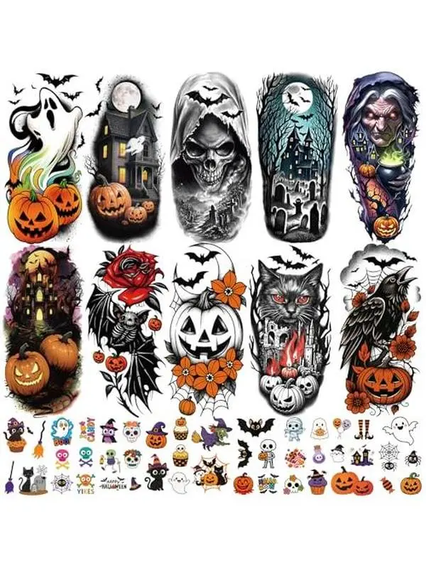 77 PCS Halloween Temporary Tattoos Adult Kids, 17 PCS Half Sleeve Pumpkin Bat Crow Witch Skull Fake Tattoos, 60 PCS Spider Cat Ghost Scar Tiny Realistic Face Body Tattoos Stickers