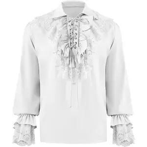 PASLTER Mens Pirate Shirt Ruffle Renaissance Victorian Vampire Poet Shirts Steampunk Gothic Medieval Lace Costume Menswear Clothing