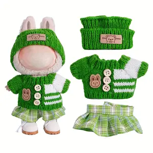 Green Labubu Doll Clothes for Labubu with 3 Outfits - Stylish Fisherman Hat & Sweaters & Pants or skirt Set for 6.69inch Dolls, Adorable buLabu Accessories for Play & Display (Not Included shoes & Doll)