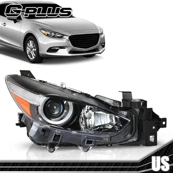 Halogen Headlight Assembly - 1* Headlight (Right Driver Side) for 2017-2018 Mazda 3 G-PLUS, Direct Replacement Aftermarket Car Lighting Component, Durable Vehicle-Specific Fit