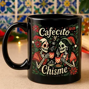 Cafecito y Chisme Mexican Christmas Mug, Funny Holiday Mug, Black Skeleton Christmas Coffee Cup, Cute Gift for Latina Coworker Mom Secret Santa, Glossy Ceramic 11oz Coffee Mug
