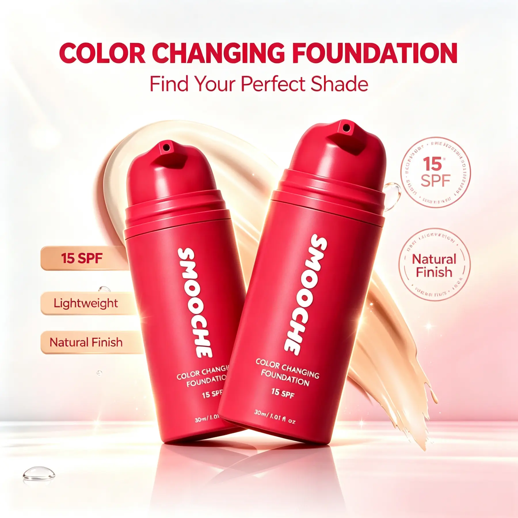 SMOOCHE Color Changing Liquid Foundation SPF15, Skin Tone Matching Light Buildable Coverage, Natural Finish Color Corrector for All Skin Types 1oz