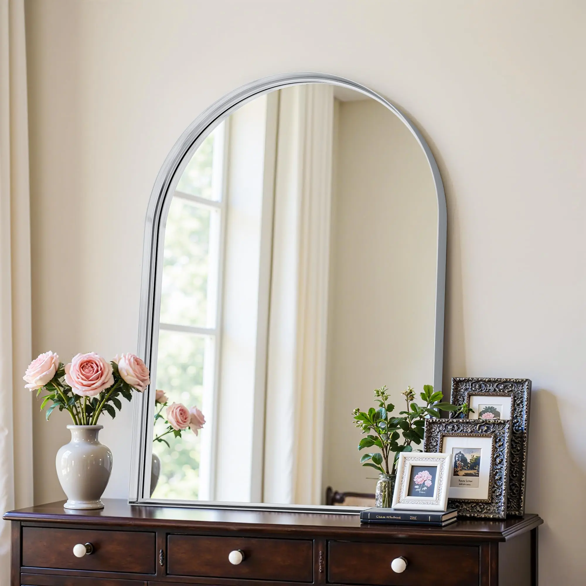 Arched Mirror 26"x38", Bathroom Mirror, Wall Mounted Vanity Mirror with Arch Metal Frame for Bathroom, Over Sink, Bedroom, Living Room, Deep Frame, Silver