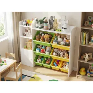 Garvee Multi-Tier Wooden Toy Storage Organizer with 8 Removable Bins, 3-Tier Playroom Storage Shelf, Bookcase, Cabinet Door, and Anti-Tip Safety Kit for Efficient and Safe Organization