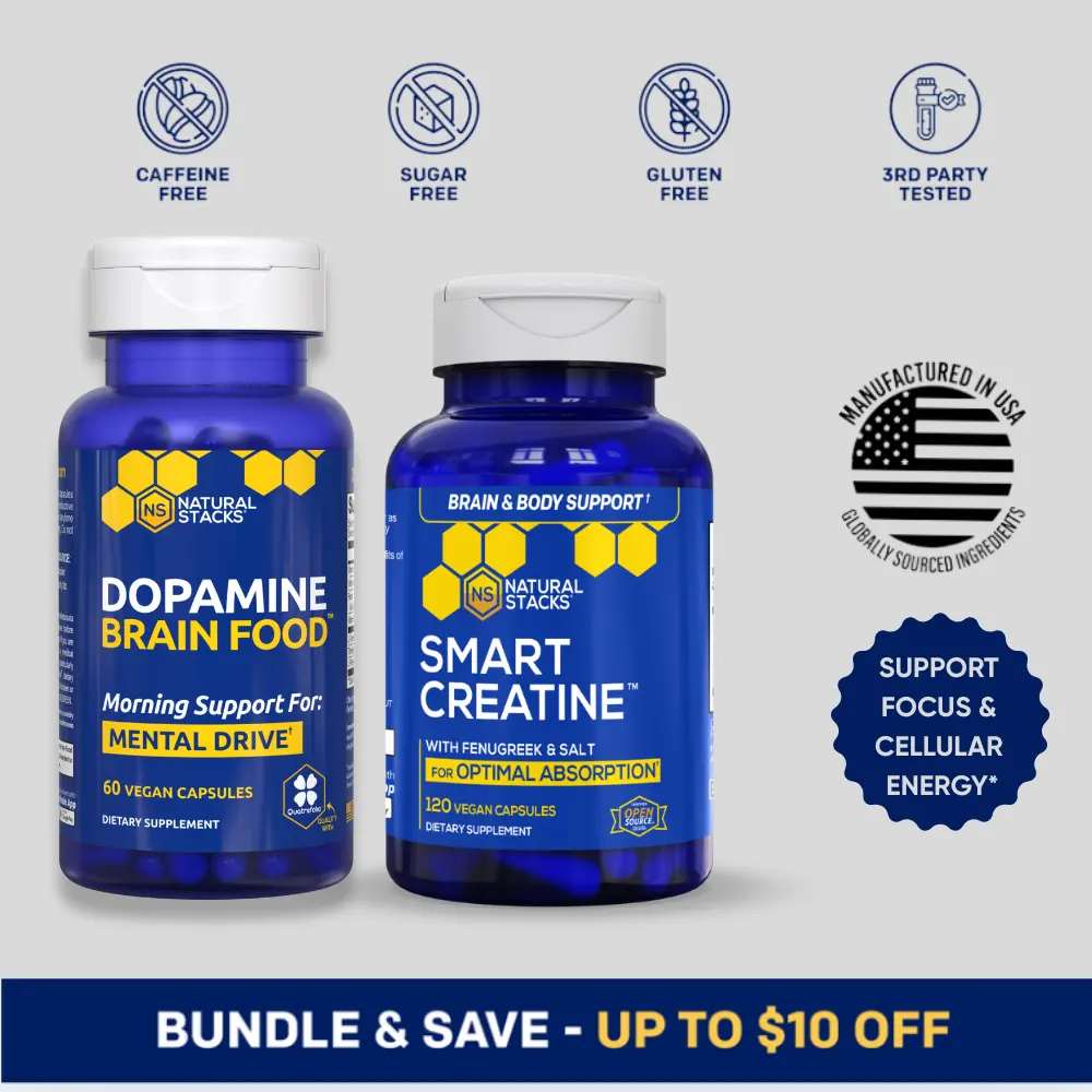 Dopamine Brain Food & Creatine+ Stack - Support Dopamine Production in the Brain*. Morning support for mental drive*. The advanced brain energy formula.* Supports physical endurance, as well as cognitive performance – by increasing oxygen consumption.*