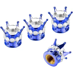 Crown Tire Valve Stem Caps, 4Pcs Handmade Bling Rhinestone Car Stem Air Caps Cover, Dustproof Tire Valve Caps for Bike Motorcycle Wheels, Auto Exterior Accessories for Girl Women (Blue/Silver)