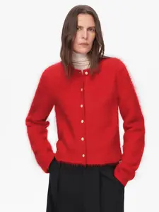 Albaca Alpaca Brushed Round Neck Multicolor Straight Cardigan Women's Red Sweater