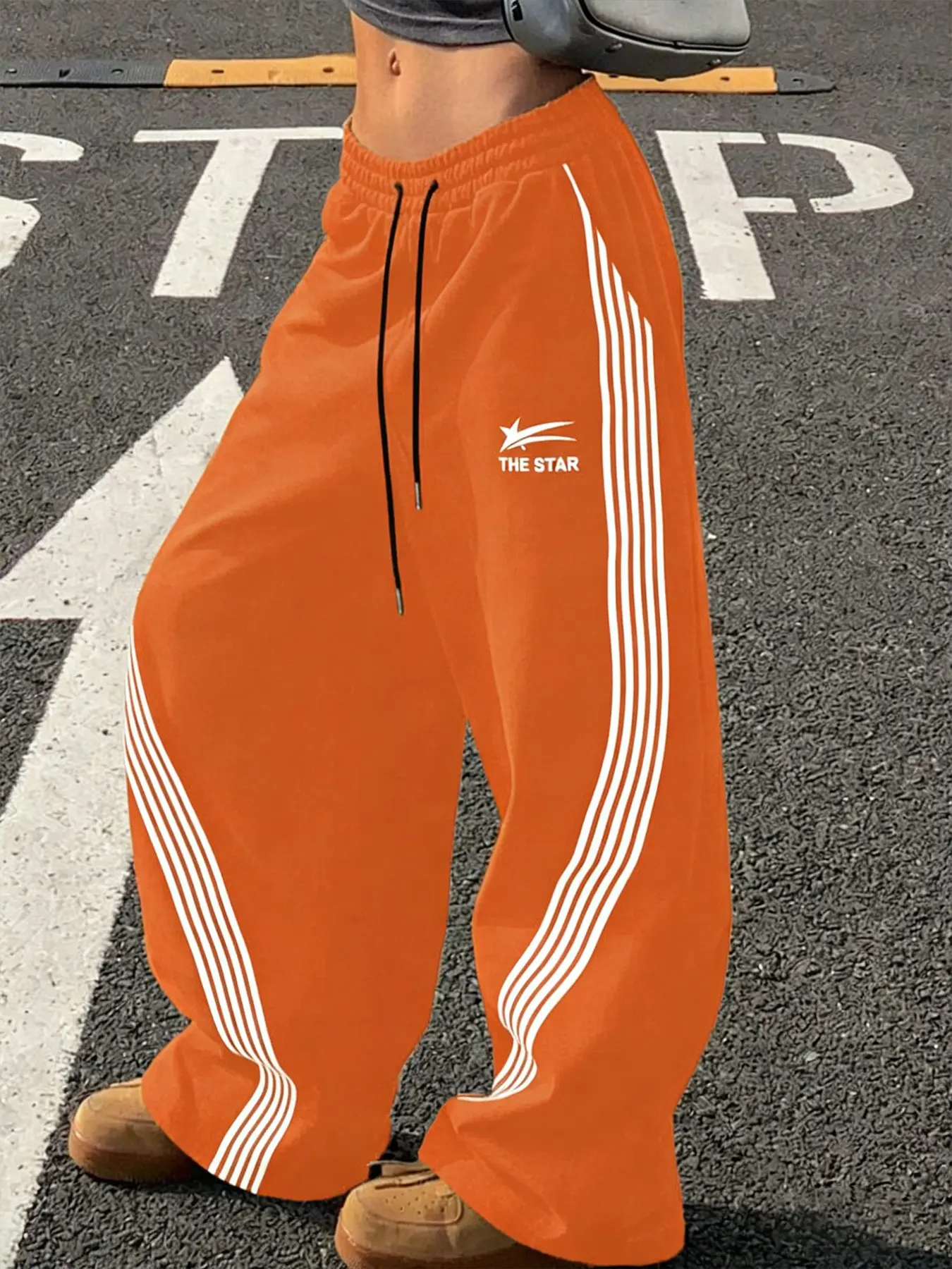 THE STAR Women's Black Wide-Leg High Rise Sweatpants with Side Stripes, High Waist Drawstring Casual Track Pants for Lounge Travel, Soft Loose-Fit Joggers with Elastic Waist, Athleisure Style Bottoms, Sports Casual Pants