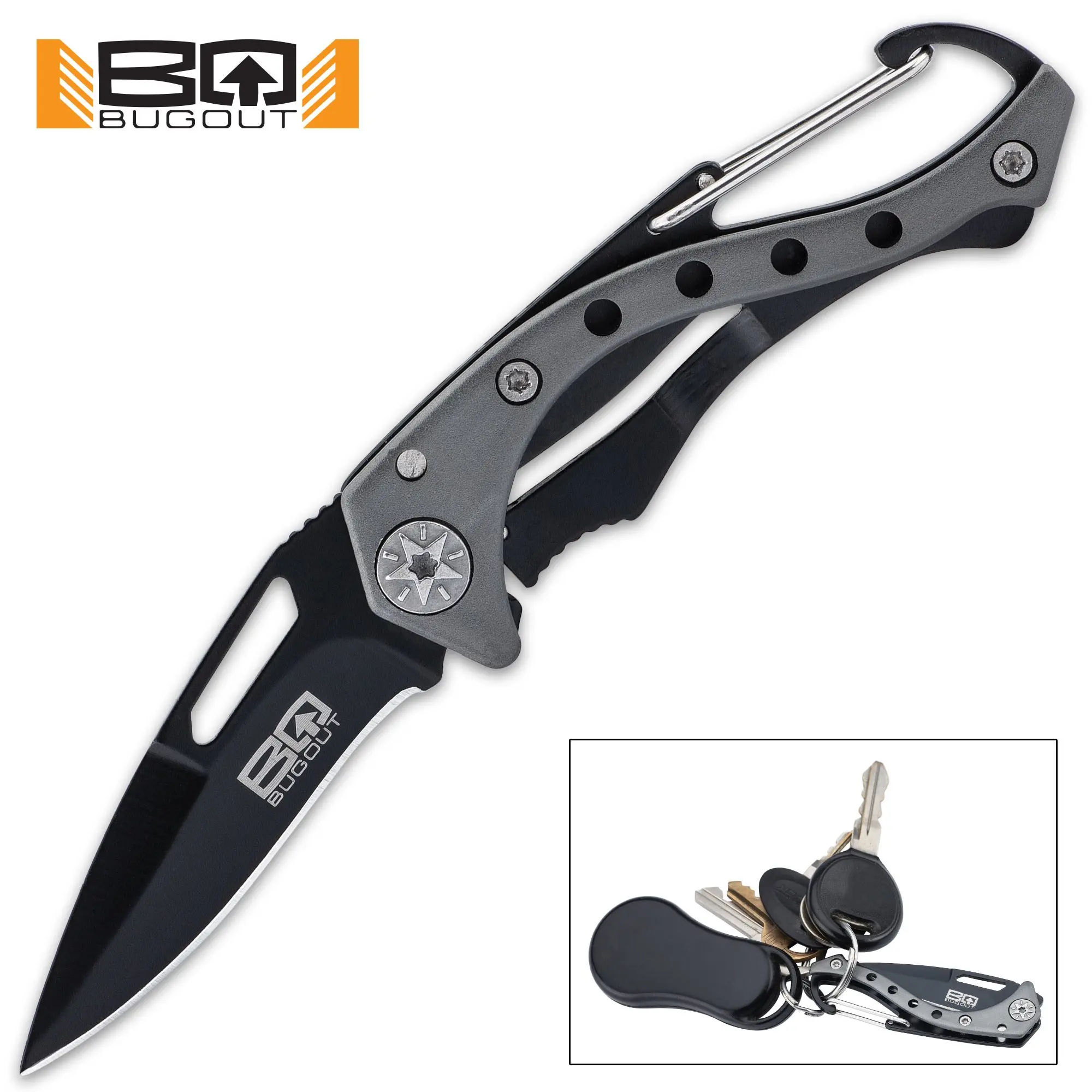 Bugout Carabiner Pocket Knife, Stainless Steel Locking Blade, Grey Aluminum & TPU Handle, Compact Keychain Multi Tool for Survival Gear - 4.75 in, Bushcraft Fixed-Blade Knives, Edc Utility Fixed-Blade Knives