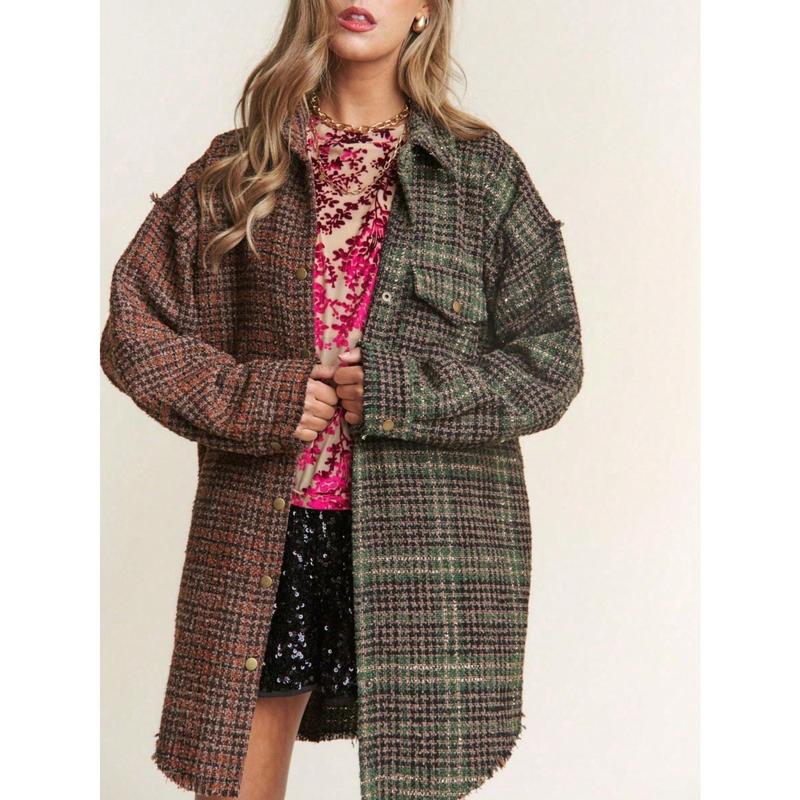 Women's Casual Jacket Vintage Snap Down Tweed Plaid Contrast Longline Shacket Misty Forest Long Sleeve Button-Down Oversized Fit Frayed Hem Comfy And Stylish Perfect For Spring/Fall/Winter Layering Everyday Wear.