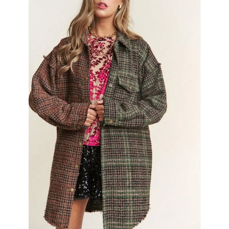 Women's Casual Jacket Vintage Snap Down Tweed Plaid Contrast Longline Shacket Misty Forest Long Sleeve Button-Down Oversized Fit Frayed Hem Comfy And Stylish Perfect For Spring/Fall/Winter Layering Everyday Wear.