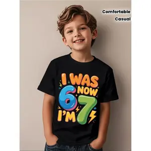 [7th Birthday T-Shirt] 7th Birthday T-Shirt - Fun "I'm 6, Now I'm 7" Design with Number 67 and Lightning Bolt - Boys' Casual Crewneck Short Sleeve Tee for 7th Birthday Party Outfit - Comfortable Casual Wear and Milestone Celebration Apparel