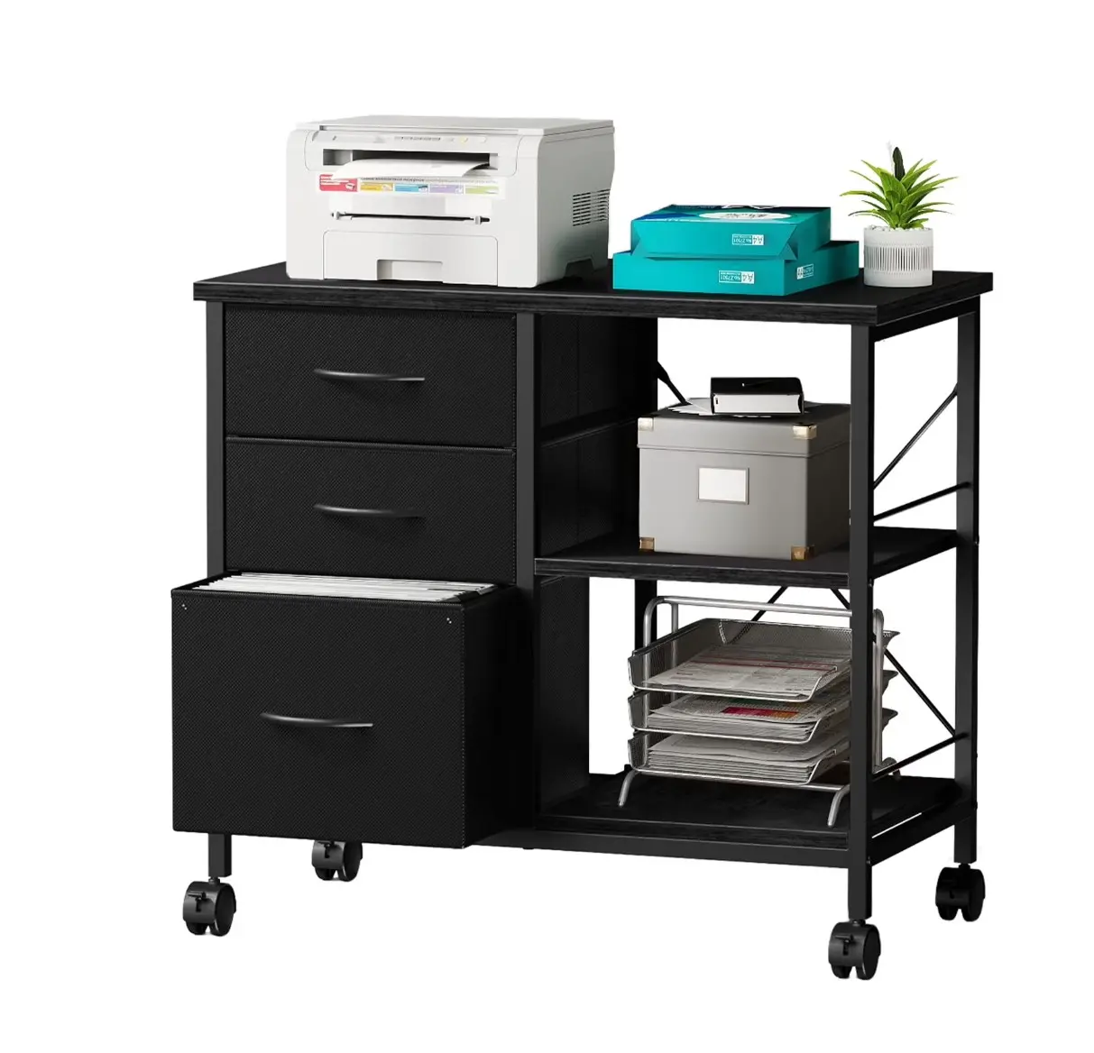 Rolling File Cabinet with 3 Drawers, Fabric Lateral Filing Storage for A3/Letter Size, Mobile Printer Stand with Open Shelf for Home Office, Black