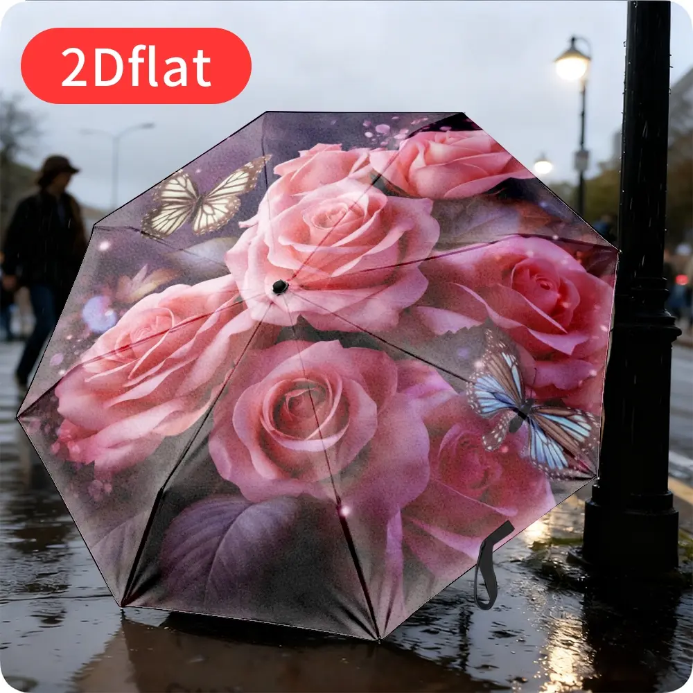 1 Automatic Open-Close Umbrella with Telescopic Handle – Compact Travel Umbrella, Lightweight Design, Elegant Pink Rose and Butterfly Pattern, Unisex, Suitable for Outdoor/Business Daily Use, Fashion Accessory, Durable