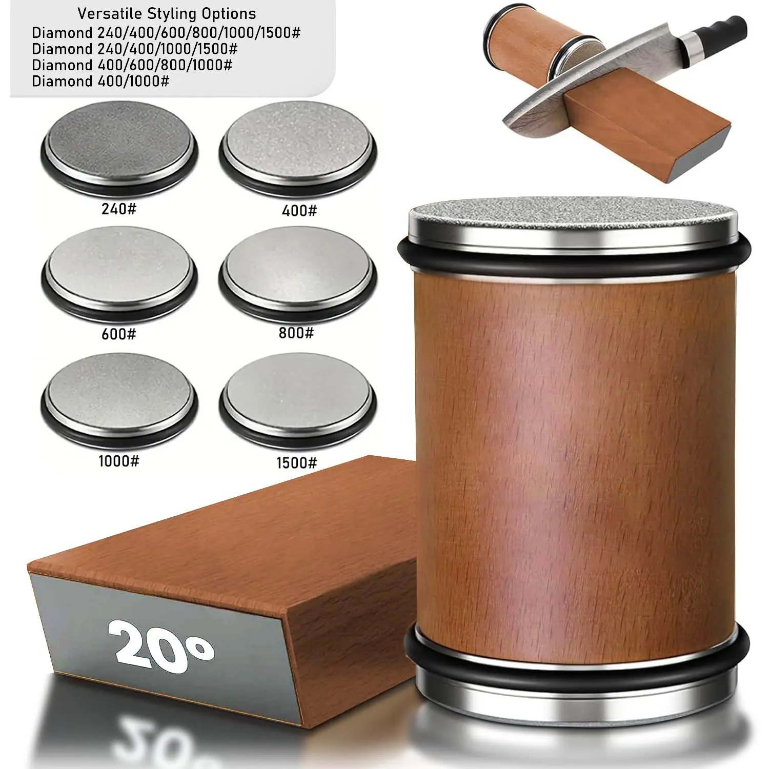 Rolling Knife Sharpener Kit, Wooden Kitchenware, Diamond Sharpening for Steel of Any Hardness, Kitchen Knife Sharpener with 15 & 20 Degree Magnetic Angle, Perfect Gift