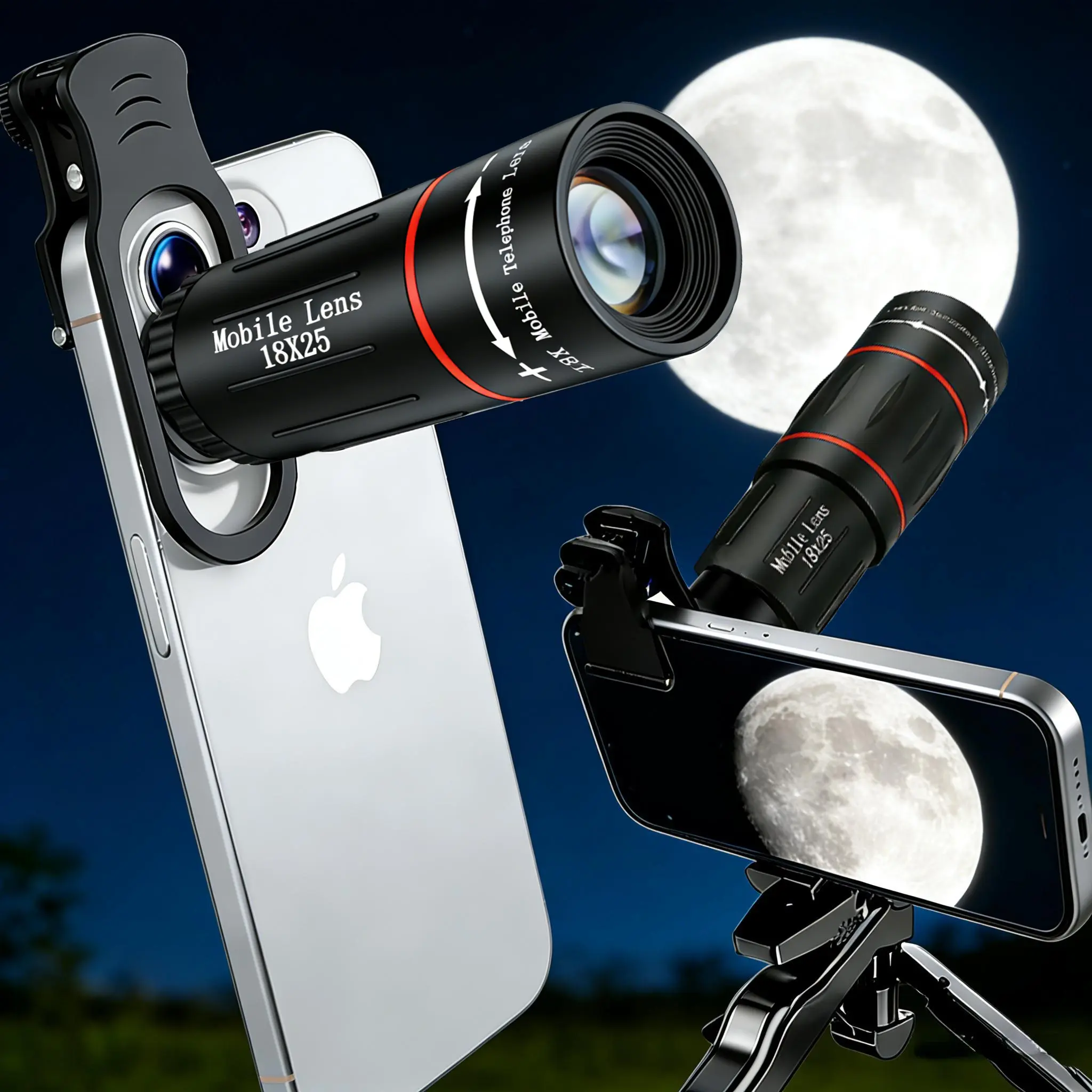 18x Telephoto Cellphone Phone Camera Lens Accessory, Clip-On Portable Telescope Kit with FMC Optics, Anti-Shake Tripod for Bird Watching, Mobile Picture Enhancement, Accessories, Smartphone
