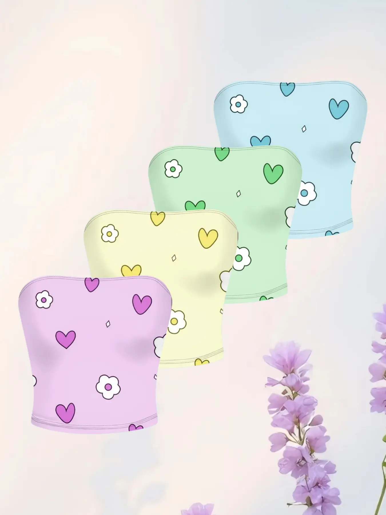 Fresh Sweet Style Colorblock Heart Tube Top, Strapless Design, Petite Fit, Four-Piece Set, Unique Girl Fashion, Waist-Cinch Short Sleeve Tops