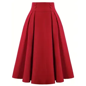 Women'S Classic Navy Flared Midi Skirt, 100% Polyester, Solid Color, Regular Fit, Button Detail, Woven Fabric, 180g/m², Spring Season Fashion