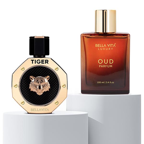BellaVita Luxury OUD and Tiger | Oud, Caramel & Patchouli Blend | Woody & Spicy Eau De Parfums | Long Lasting Fragrances for Men | 2 x 100ml Amber Vanilla Scent Arabian Perfume Oil