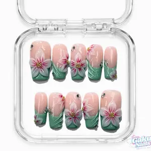 GakuNails FLORA BREEZE Nails Kit, 10-Piece Medium Square Handmade Press-On Nails, 3D Gel Builder Gel Tips, 3D Flowers, French Tip, Salon Quality, Reusable Eco-Friendly, Includes Glue Tabs
