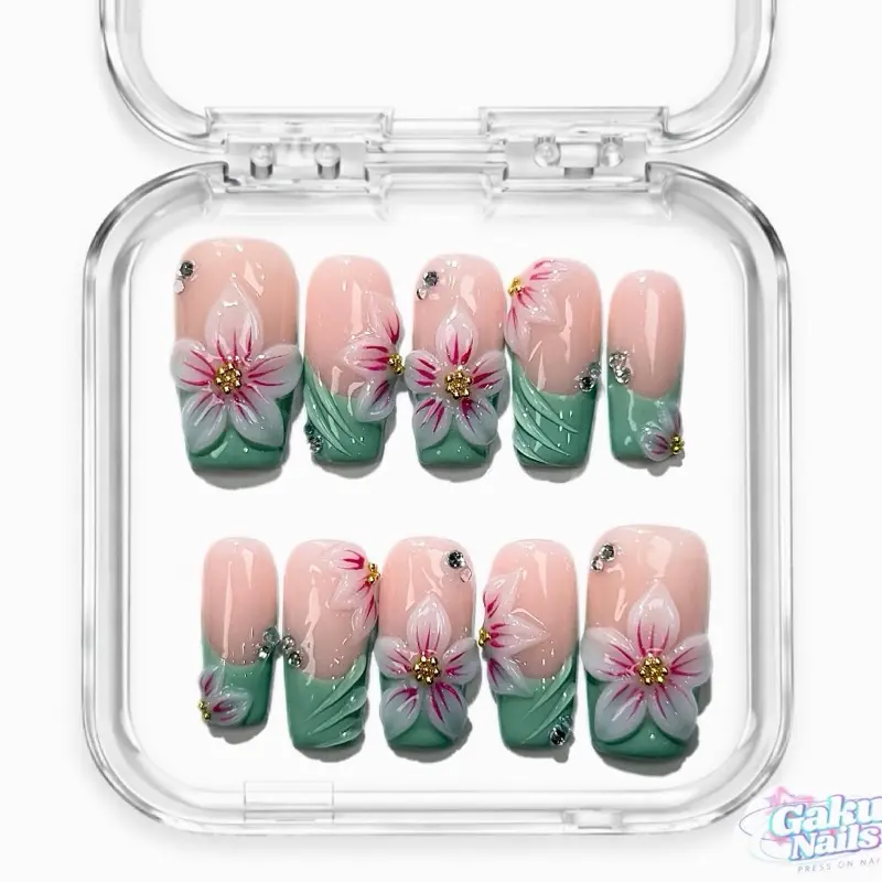 GakuNails FLORA BREEZE 3D Flower Press On Nail Set, 10-Piece Handmade Medium Square French Tips, Reusable Salon-Quality Manicure Kit for Nail Inspo, Press On Nail Sets