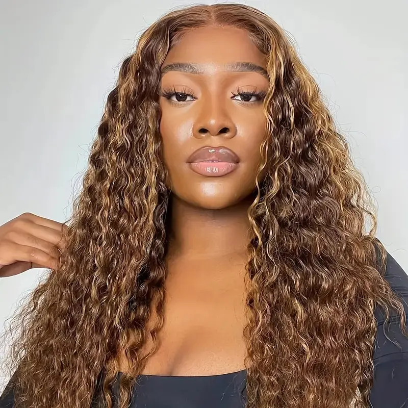 Women's Deep Wavy Human Hair Wig - 30 in Honey Blonde Ombre, 13x6 HD Glueless Lace Front, 200 Density, Pre-Plucked, Elegant Fashion Accessory, Deep Wavy Wigs, Wigs Human Hair