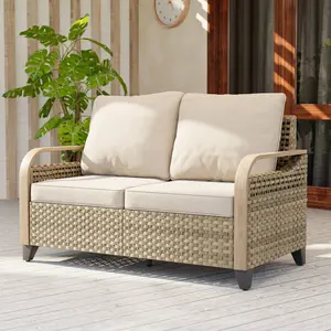 Modern Wicker Outdoor Furniture 2 Seat Loveseat Sofa , Brown/Gray