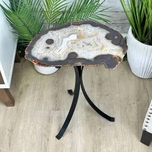 Natural Brazilian Agate Side Table on a black metal base, 22" tall #1305-0162