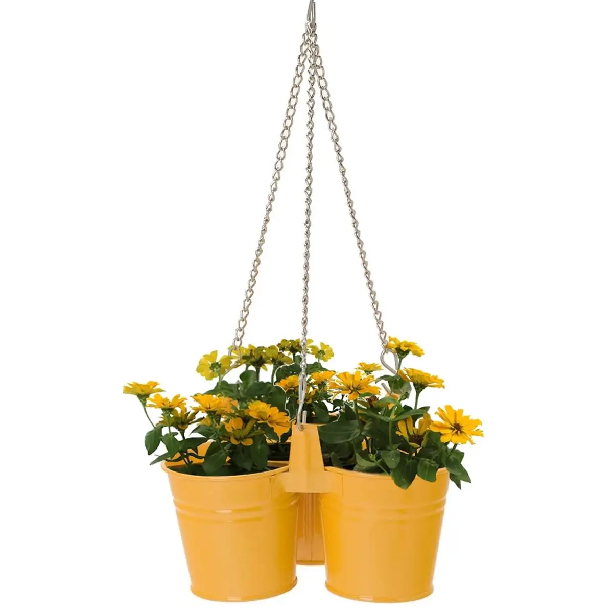 Houston International Trading Rustproof Galvanized Steel Triple Hanging Planter - Saffron, 4.5 in. Plant Fit, 11.5"x6", High Temperature Baked Enamel Paint - Outdoor Above-Ground Hanging Planters & Baskets for Balcony Decor, Container Gardening