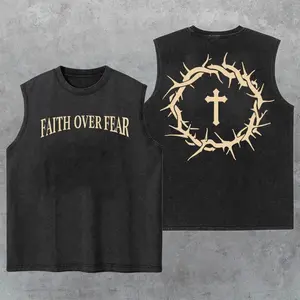 Faith Over Fear Washed Tank Top, Gym Essential, Vintage Casual Crewneck Short Sleeves Menswear T-shirt Classic Cotton Fabric Streetwear