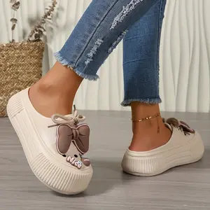 Women's Cute Clogs with Bowknot Decoration, Thick Sole Lace-up Soft Sole, Casual, Beach Mules, Hole Shoes