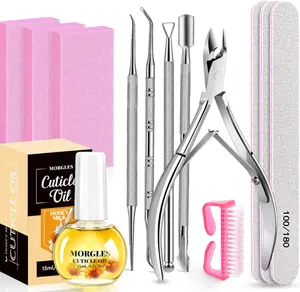MORGLES Nail File and Buffer Blocks with Nail Care Kit, 13 Pcs Manicure Kit for Women with Milk and Honey Cuticle Oil and Cuticle Trimmer Set