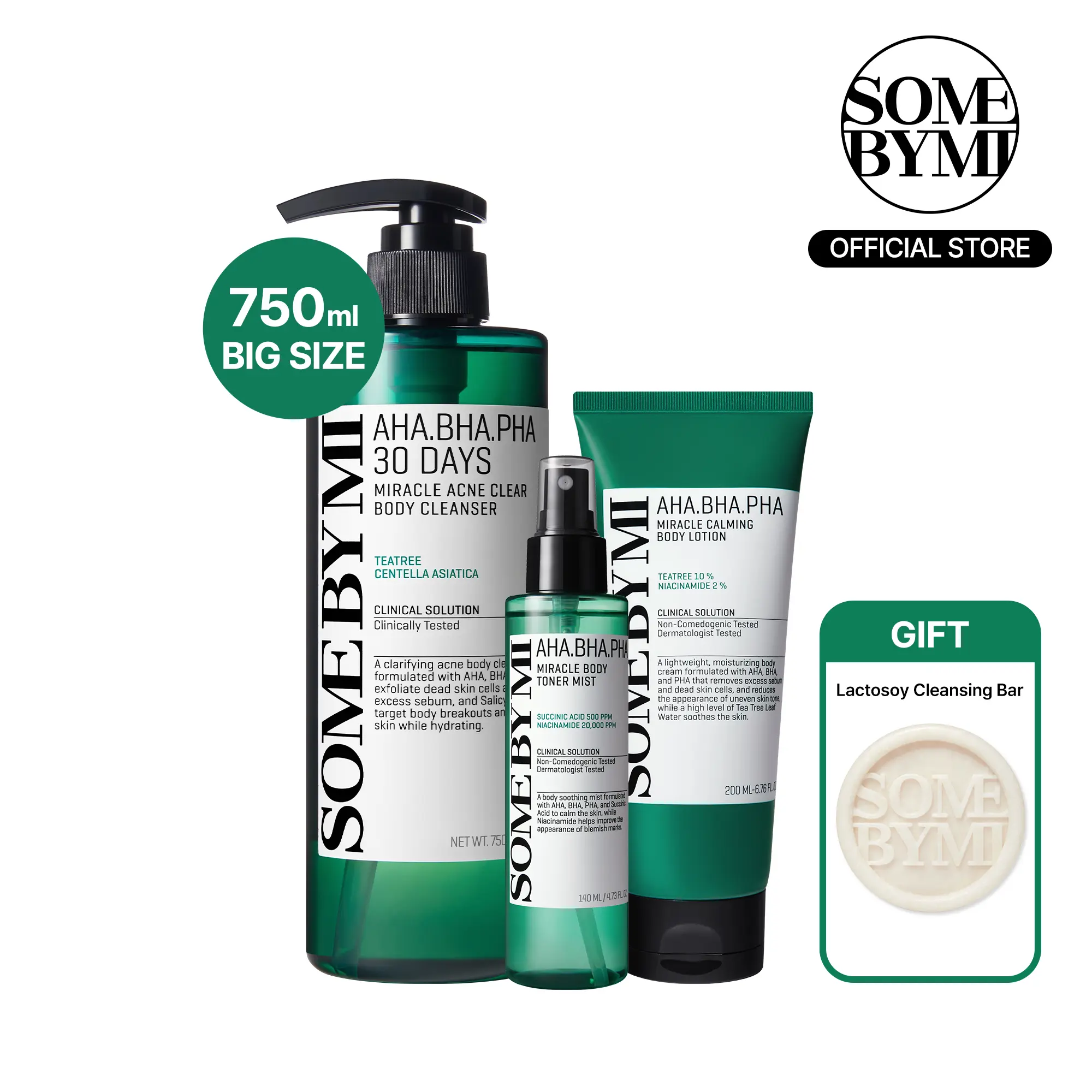 AHA-BHA-PHA Body Miracle Repair Set - Korean Skincare - 3-Step Routine for Body Acne & Texture - Cleanser, Mist & Lotion - Centella, Niacinamide