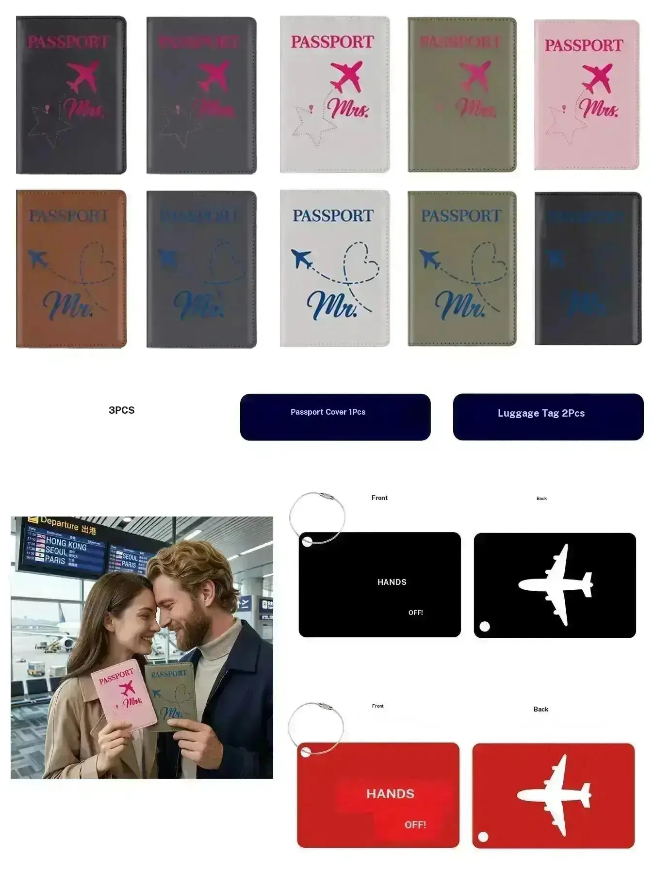 3-Piece Couple Passport Holder Set with Metal Luggage Tag, Travel Gift Accessories, Mr and Mrs Design, Valentine's Day Gift, Christmas Gift