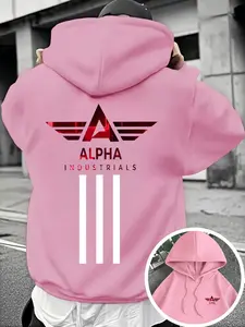 Men's New Casual Hoodie, Alpha Industrials Functional Style, Letter Print, Elastic Fabric, Kangaroo Pocket, Fall & Winter