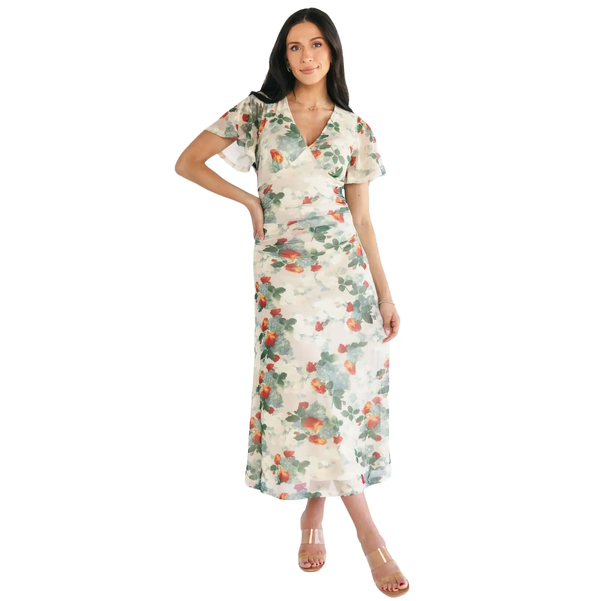 Women's Amara Mesh Dress - Cream Multi Floral Print, Ruched Detail, Stylish Sleeves